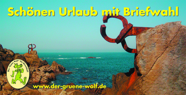 Schoenen-Urlaub-Briefwahl Schönen Urlaub mit Briefwahl wünscht der Grüne Wolf